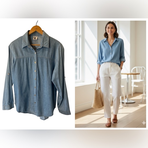 Z Store Tops - Z Store Light Wash Denim Style Button Down Shirt - Size Medium